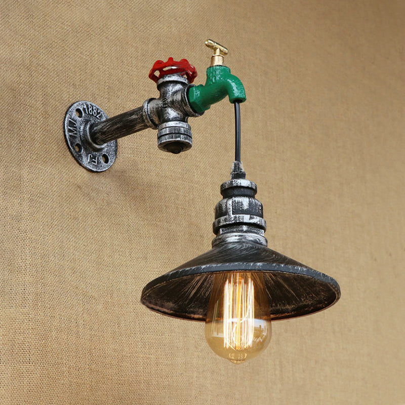 Avtoit | Steampunk Wall Lamp with Conical Shade 1 Lamp Cast Iron Wall Light in Aged Silver