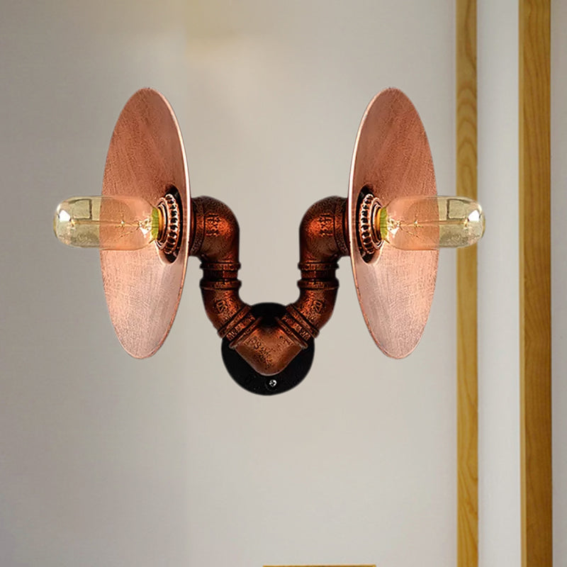 Avtoit | Dark Rust Round Wall Light Rustic Style Wrought Iron 2 Bulbs Bedroom Wall Mounted Light with Pipe