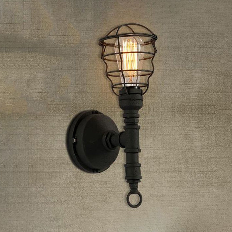 Avtoit | Vintage Industrial Coated Wall Lamp 1 Light Metal Wall Mount Light with Water Pipe in Black for Dining Room