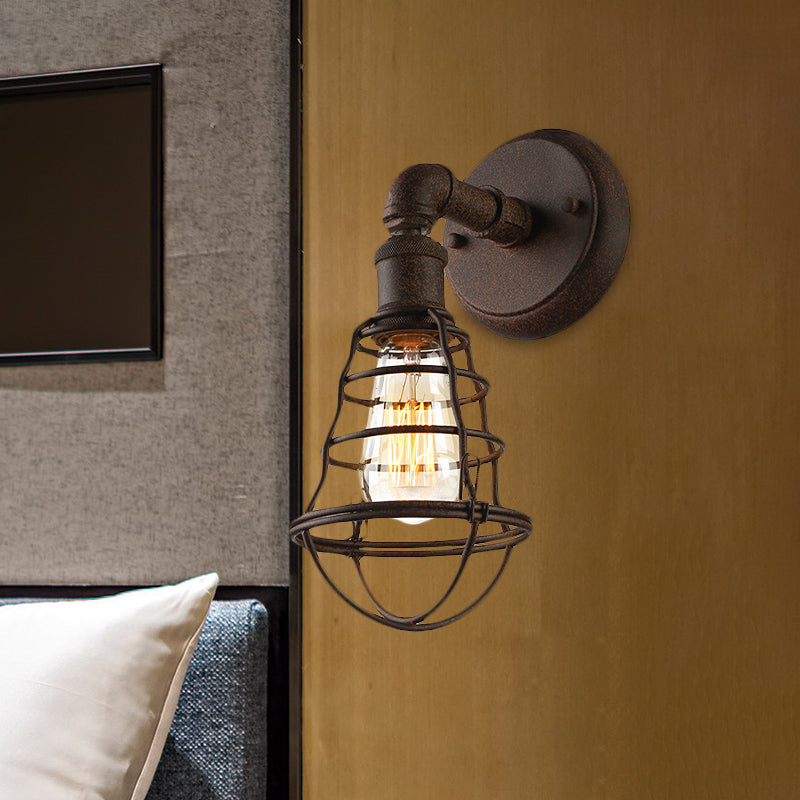 Avtoit | Wire Frame Iron Wall Lamp with Pipe Farmhouse 1 Head Dining Room Mini Wall Lamp in Rust