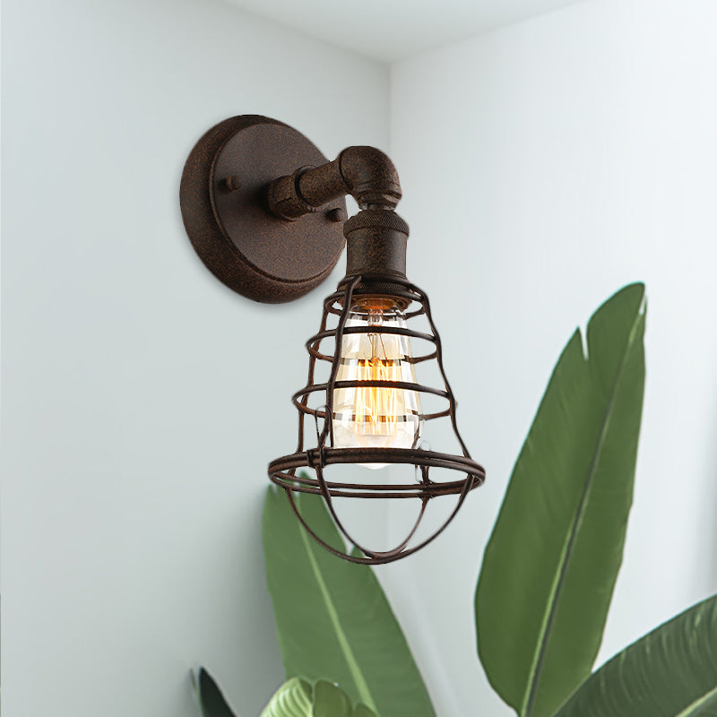 Avtoit | Wire Frame Iron Wall Lamp with Pipe Farmhouse 1 Head Dining Room Mini Wall Lamp in Rust