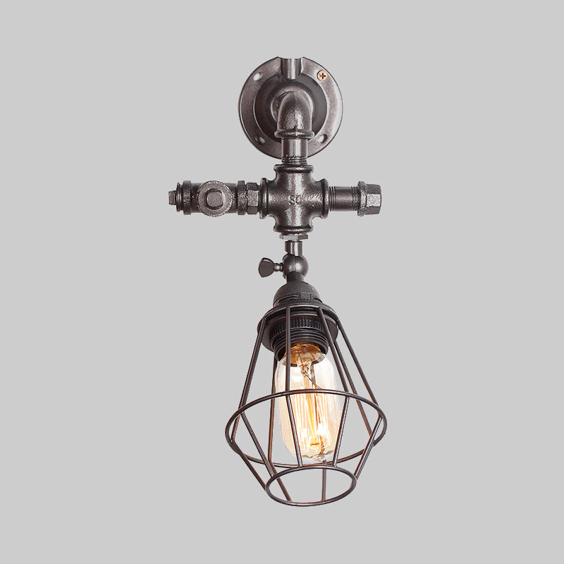 Avtoit | Diamond Cage Iron Wall Mount Light with Pipe Design Industrial Style 1 Bulb Bedroom Wall Lighting in Antique Brass/Silver