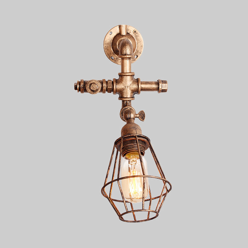 Avtoit | Diamond Cage Iron Wall Mount Light with Pipe Design Industrial Style 1 Bulb Bedroom Wall Lighting in Antique Brass/Silver