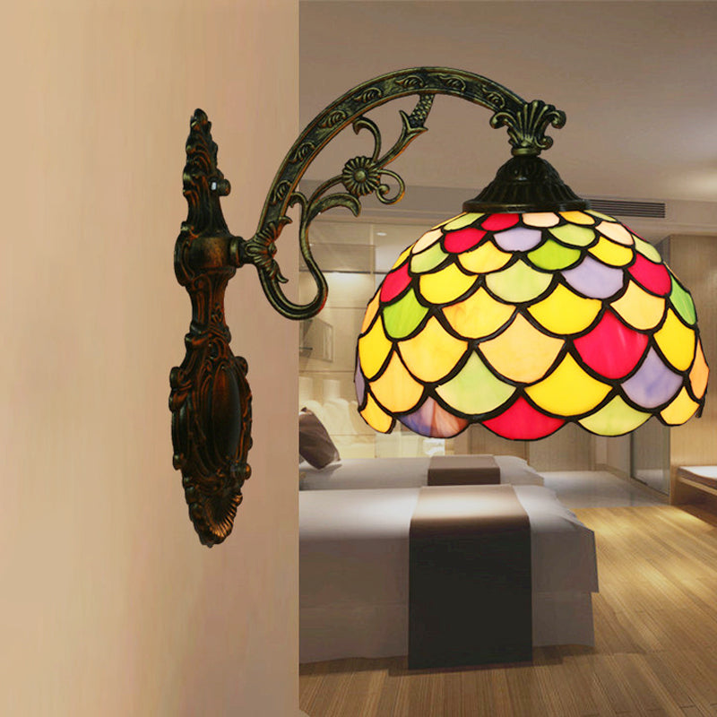 Avtoit | Fishscale Speckled Art Glass Wall Lamp Tiffany 1 Lamp Brass Wall Lamp Light with Curved Arm