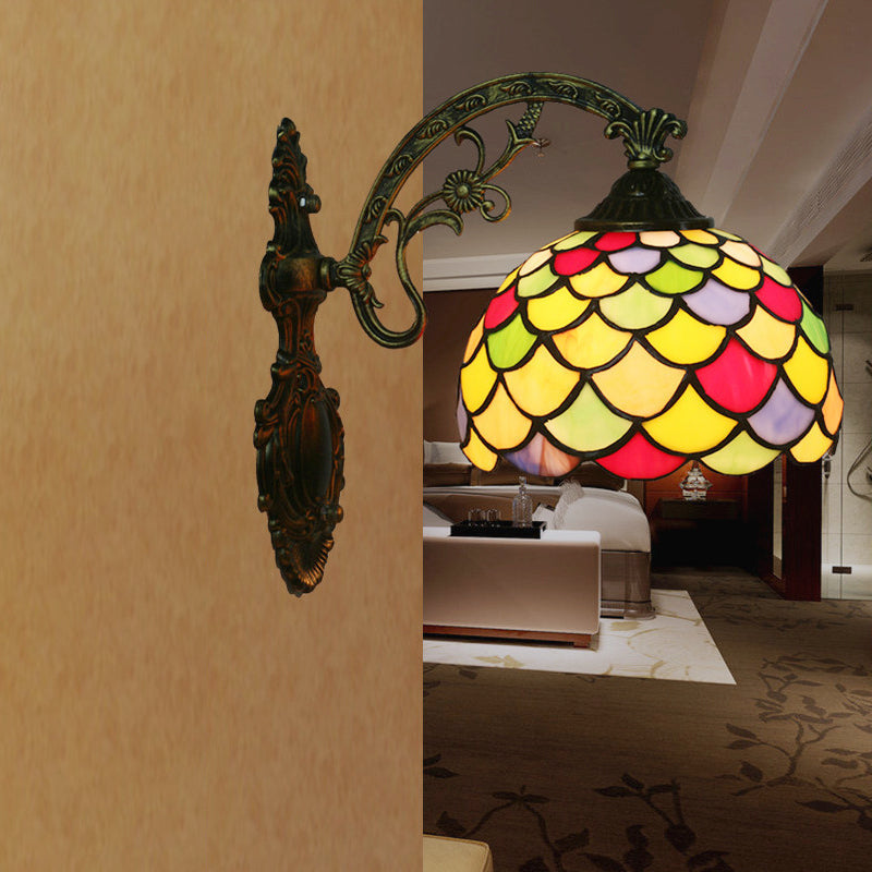 Avtoit | Fishscale Speckled Art Glass Wall Lamp Tiffany 1 Lamp Brass Wall Lamp Light with Curved Arm