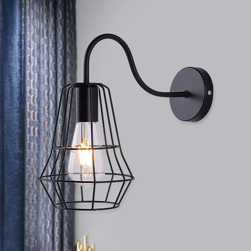 Avtoit | Gooseneck Arm Living Room Wall Light with Cage Shade Retro Style Metal 1 Light Black Finish Wall Lamp