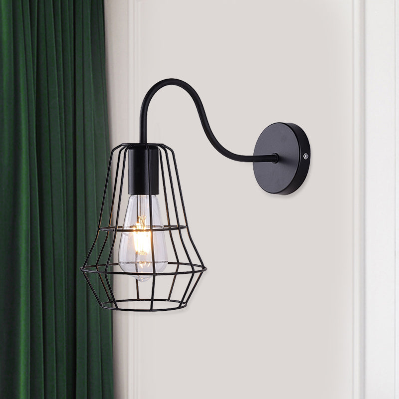 Avtoit | Gooseneck Arm Living Room Wall Light with Cage Shade Retro Style Metal 1 Light Black Finish Wall Lamp