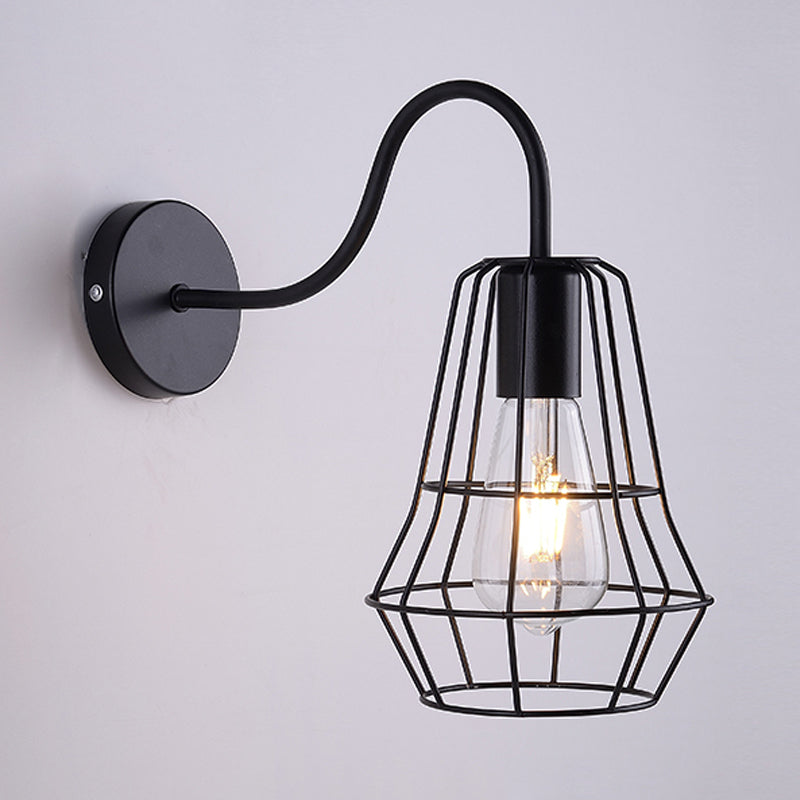 Avtoit | Gooseneck Arm Living Room Wall Light with Cage Shade Retro Style Metal 1 Light Black Finish Wall Lamp