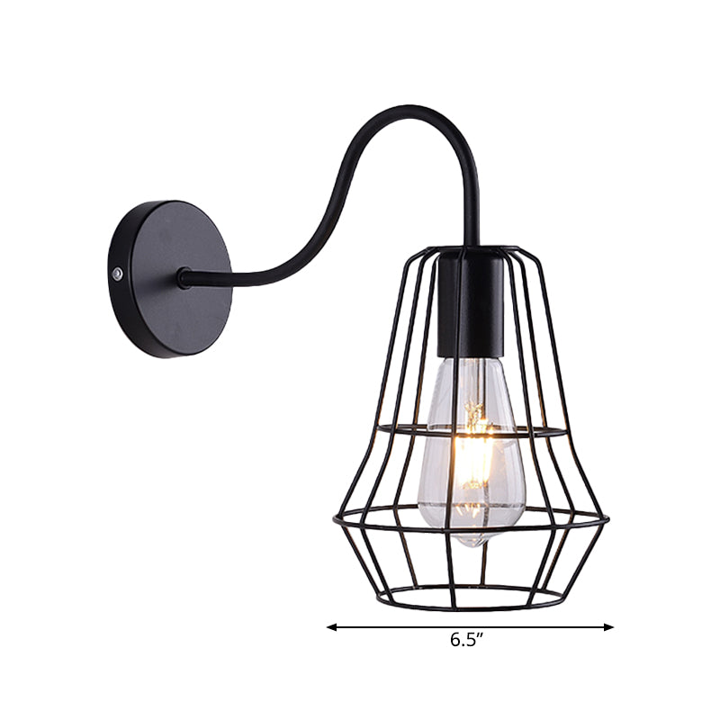 Avtoit | Gooseneck Arm Living Room Wall Light with Cage Shade Retro Style Metal 1 Light Black Finish Wall Lamp