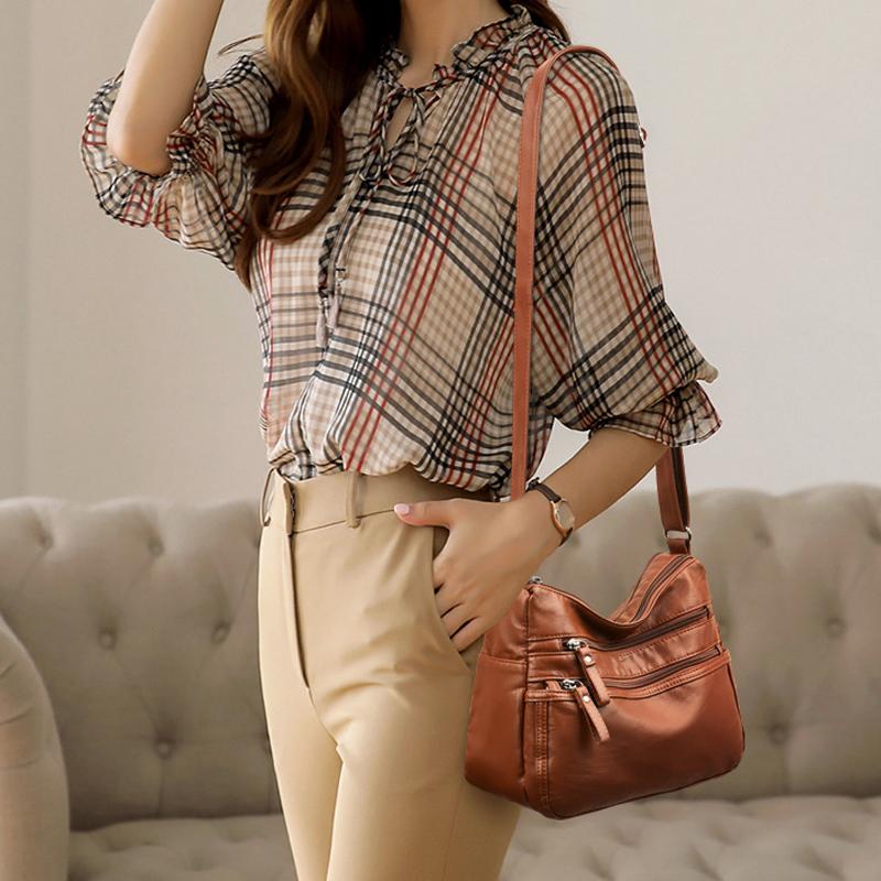 PU Leather Shoulder Bag with Zipper Pockets and Adjustable Strap