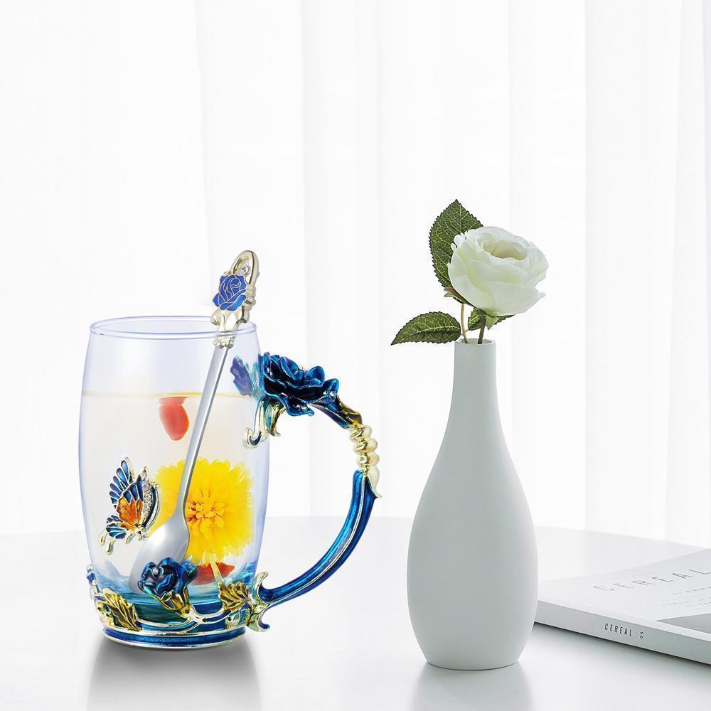 Avtoit | Enamel Rose Glass Tea Cup Set (With Spoon)