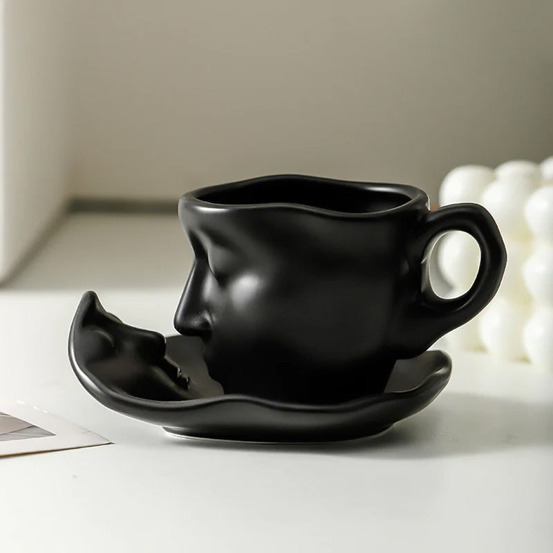 Avtoit | Metal Touching Face Creative Ceramic Kiss Coffee Cup, Artistic Vibe Mug & Saucer Set