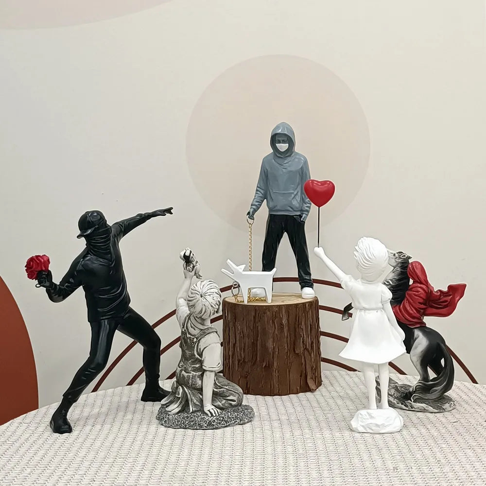 Avtoit | Dropshipping Banksy Sculpture Collection Flower Thrower Statue Pop Art Modern Balloon Girl Figurine Office Home Decoration