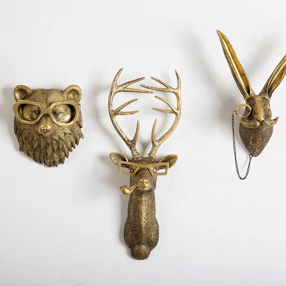 Avtoit | Antique Bronze Resin Animal Pendant Golden Deer Head Wall Storage Hook Background Wall Accessories Decorative Figures