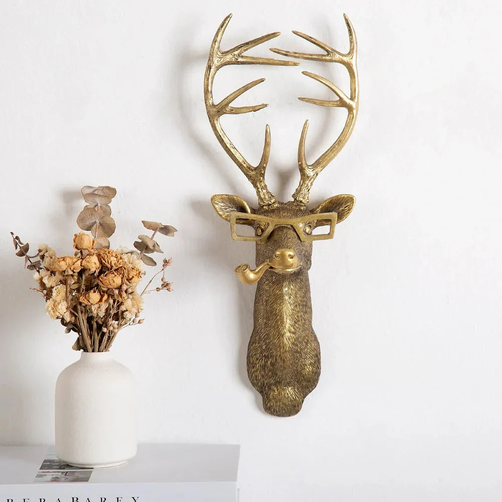 Avtoit | Antique Bronze Resin Animal Pendant Golden Deer Head Wall Storage Hook Background Wall Accessories Decorative Figures