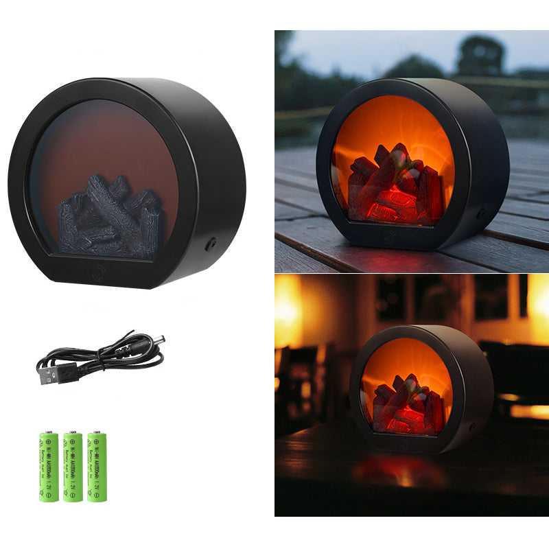 Avtoit | Contemporary Retro ABS Simulated Flame Fireplace Round Battery Rectangular LED Table Lamp For Living Room