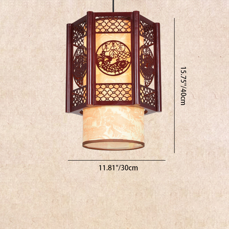 Avtoit | Traditional Chinese Wood-PVC Cylinder Lantern Carved Fish 1-Light Pendant Lamp for the Dining Room