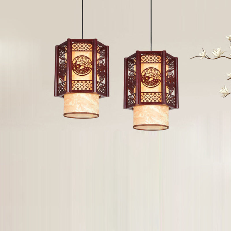 Avtoit | Traditional Chinese Wood-PVC Cylinder Lantern Carved Fish 1-Light Pendant Lamp for the Dining Room