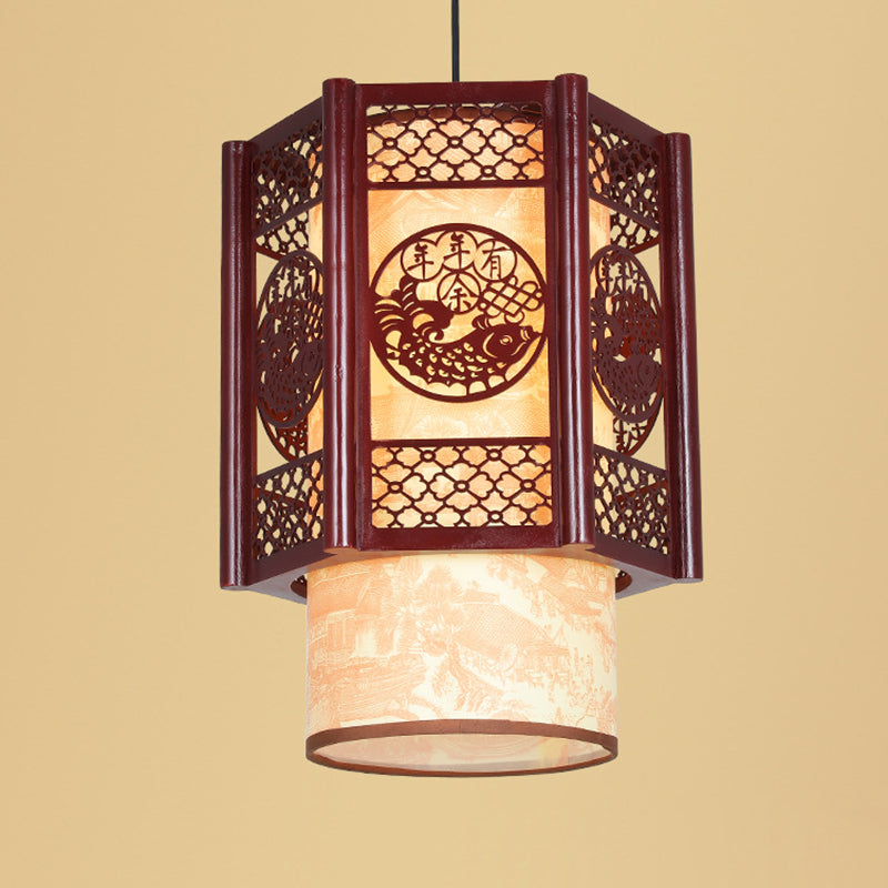 Avtoit | Traditional Chinese Wood-PVC Cylinder Lantern Carved Fish 1-Light Pendant Lamp for the Dining Room