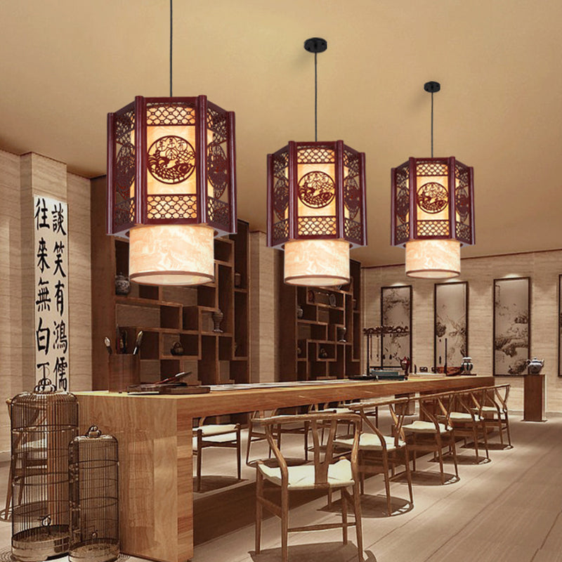 Avtoit | Traditional Chinese Wood-PVC Cylinder Lantern Carved Fish 1-Light Pendant Lamp for the Dining Room