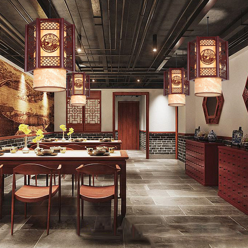Avtoit | Traditional Chinese Wood-PVC Cylinder Lantern Carved Fish 1-Light Pendant Lamp for the Dining Room