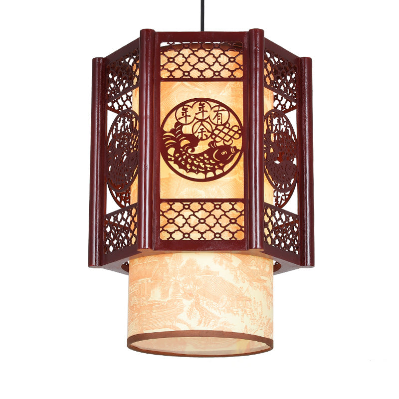 Avtoit | Traditional Chinese Wood-PVC Cylinder Lantern Carved Fish 1-Light Pendant Lamp for the Dining Room