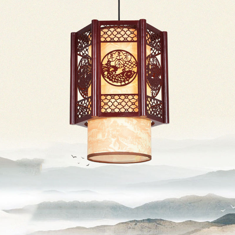 Avtoit | Traditional Chinese Wood-PVC Cylinder Lantern Carved Fish 1-Light Pendant Lamp for the Dining Room