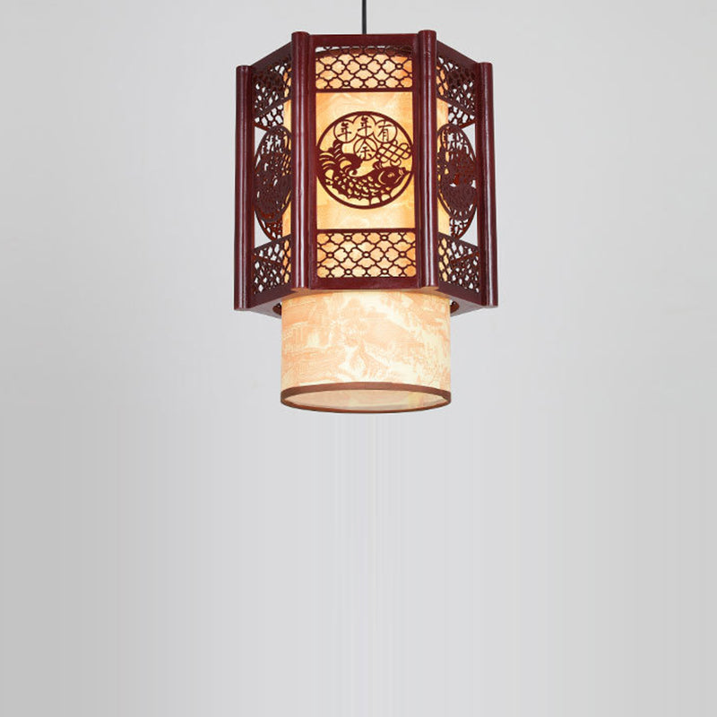 Avtoit | Traditional Chinese Wood-PVC Cylinder Lantern Carved Fish 1-Light Pendant Lamp for the Dining Room