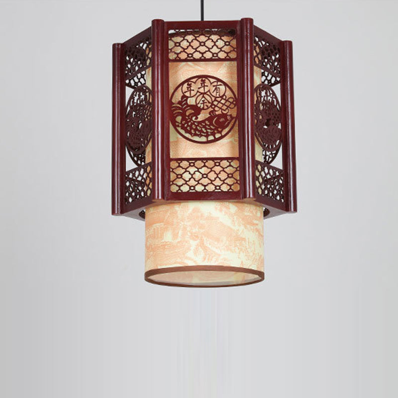 Avtoit | Traditional Chinese Wood-PVC Cylinder Lantern Carved Fish 1-Light Pendant Lamp for the Dining Room