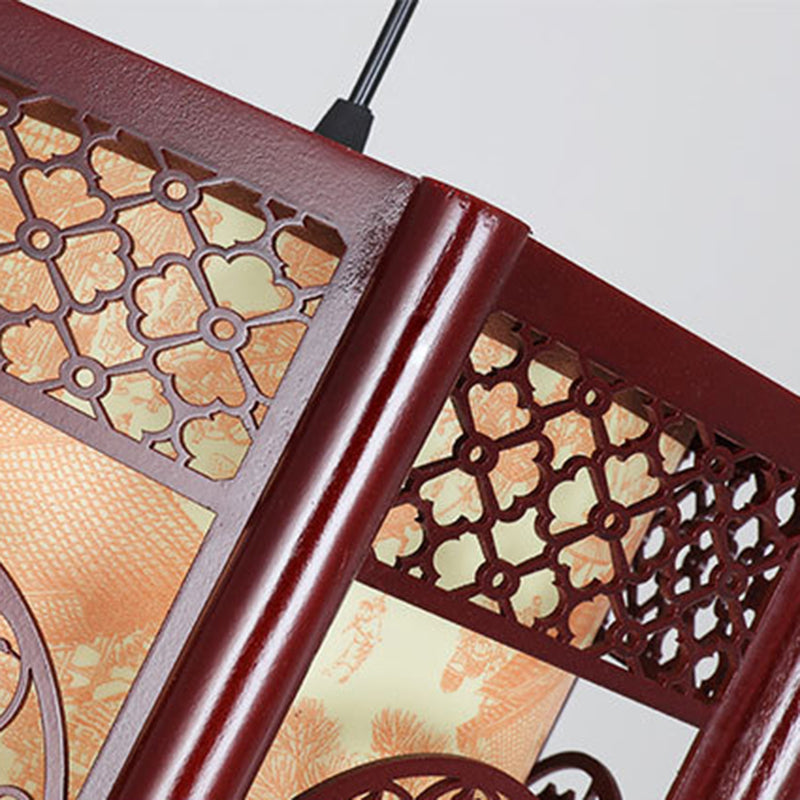 Avtoit | Traditional Chinese Wood-PVC Cylinder Lantern Carved Fish 1-Light Pendant Lamp for the Dining Room