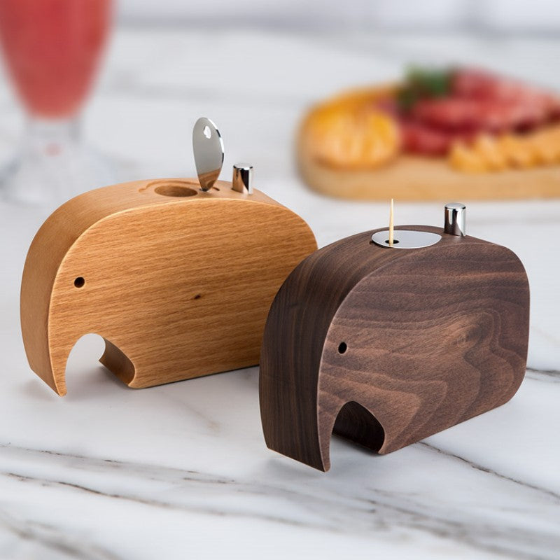 Avtoit | Push-To-Dispense Solid Wood Elephant Toothpick Holder