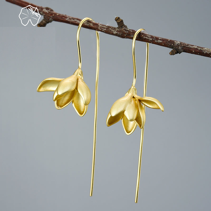 Avtoit | 18K Gold Elegant Magnolia Flower Dangle Earrings