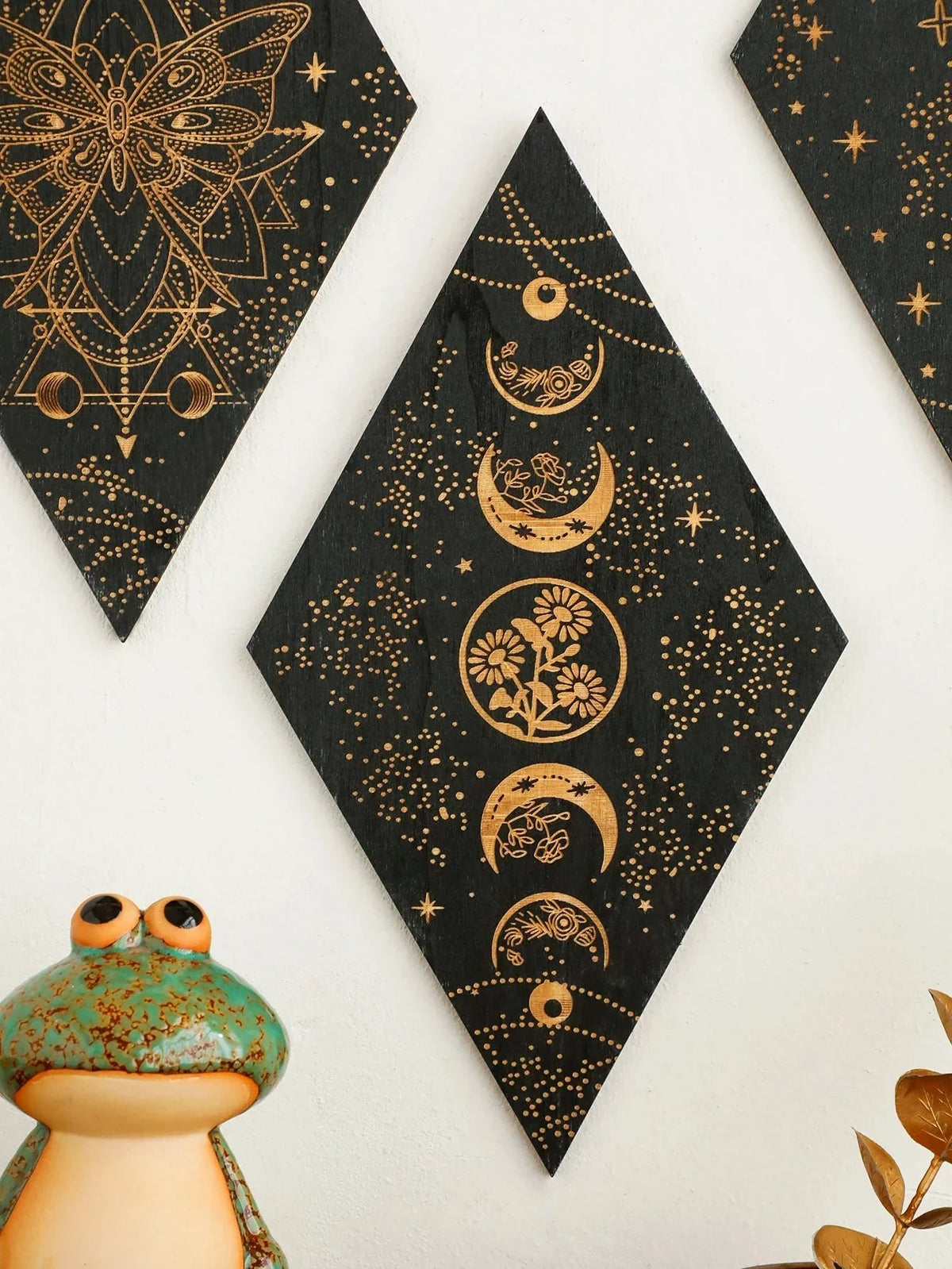 Avtoit | Black Moon Phases Wooden Wall Decoration Rhombus Wall Art Boho Home Decor Witch Tapestry Decoration Room Decor Aesthetic Gift