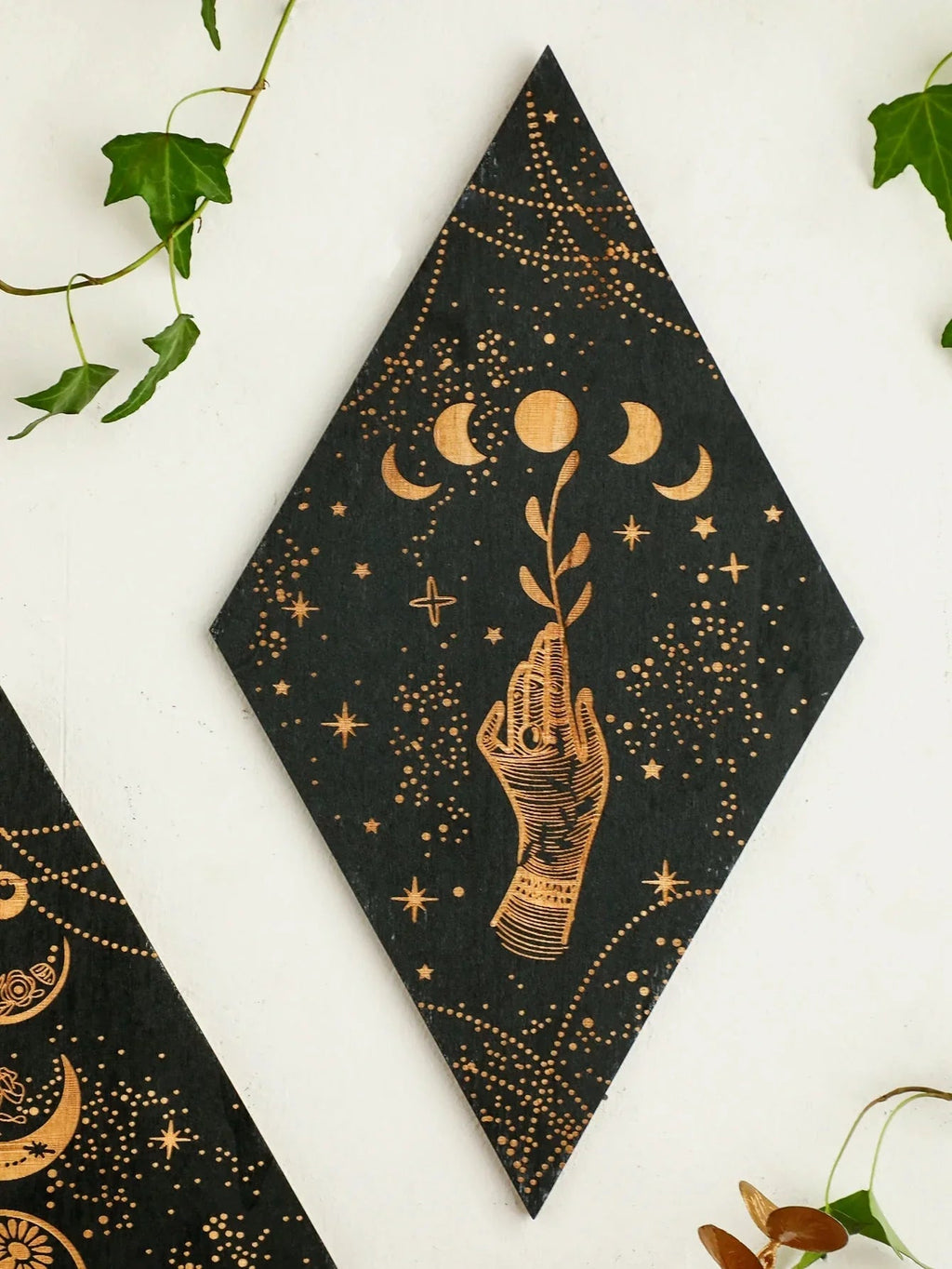 Avtoit | Black Moon Phases Wooden Wall Decoration Rhombus Wall Art Boho Home Decor Witch Tapestry Decoration Room Decor Aesthetic Gift