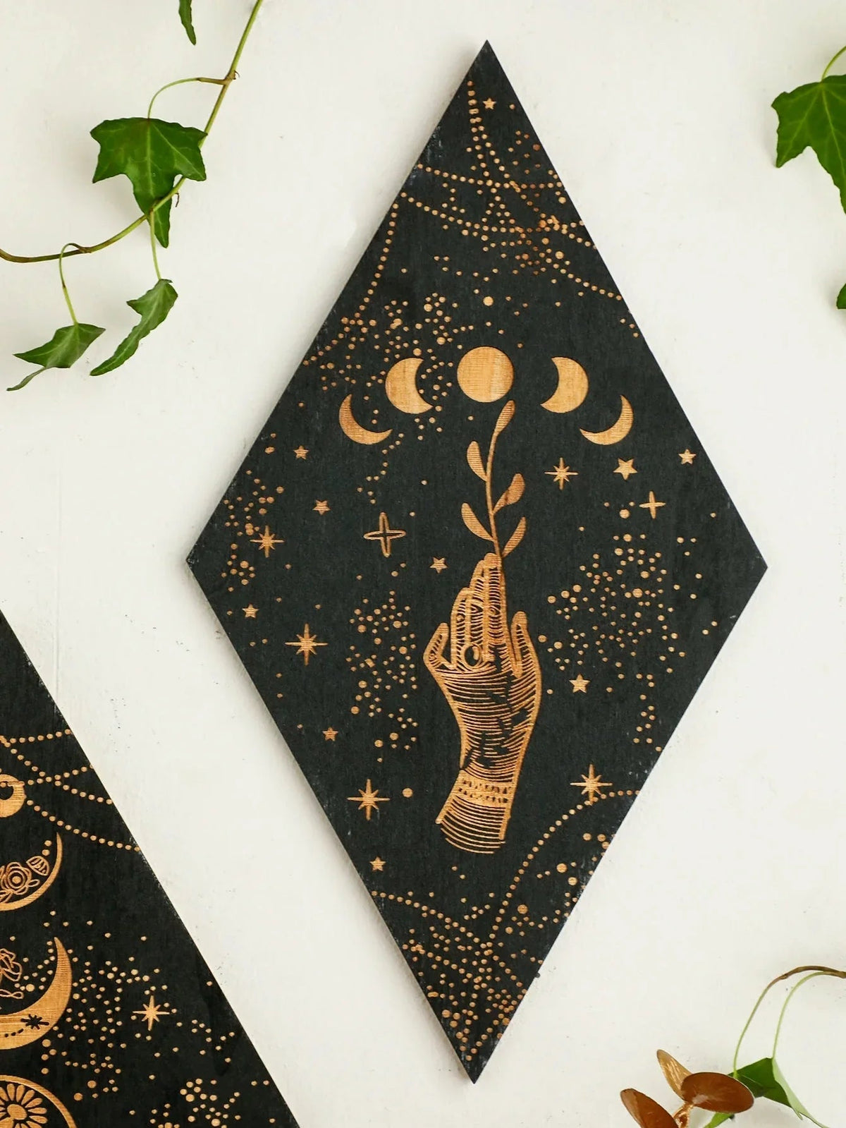 Avtoit | Black Moon Phases Wooden Wall Decoration Rhombus Wall Art Boho Home Decor Witch Tapestry Decoration Room Decor Aesthetic Gift