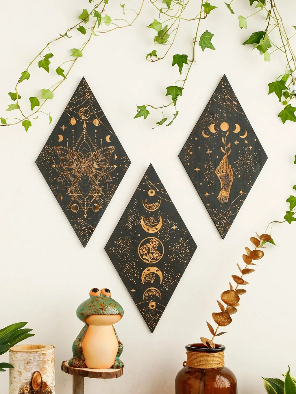 Avtoit | Black Moon Phases Wooden Wall Decoration Rhombus Wall Art Boho Home Decor Witch Tapestry Decoration Room Decor Aesthetic Gift