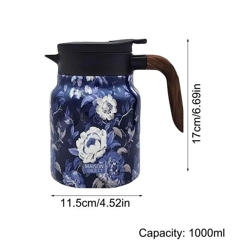 Avtoit | Floral Stainless Steel Teapot with Strainer - 1000ml Vintage Elegance