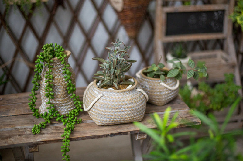 Avtoit | Ceramic Plant Pot in Hemp Bag Design with Rope Handles – Decorative Flower Pot for Garden and Home