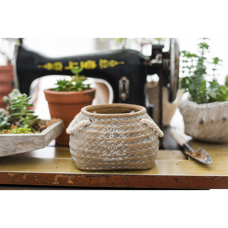 Avtoit | Ceramic Plant Pot in Hemp Bag Design with Rope Handles – Decorative Flower Pot for Garden and Home