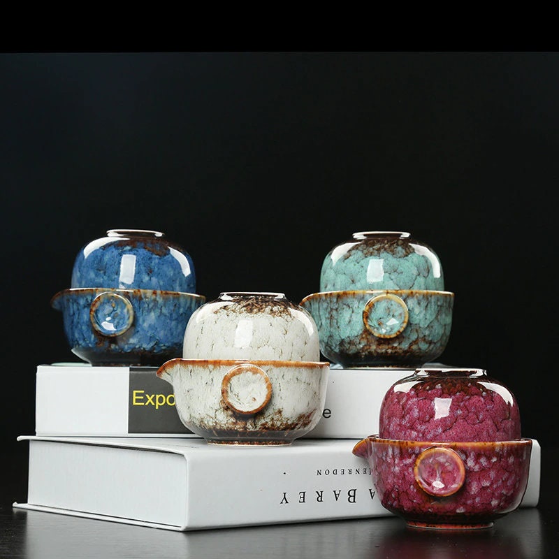 Avtoit | Ceramic Gaiwan Set kuai ke Tea Set Camping Kung Fu Tea Set 1 Teapot 1 Cup Travel Teapot Coffee Cup Water Mug Office Kettle Drinking Utensils
