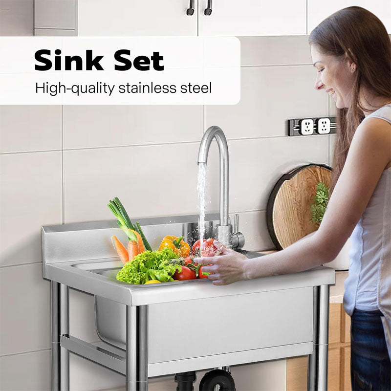 Avtoit | Stainless Steel Sink With Hot And Cold Water Faucet, Freestanding Commercial Kitchen Single Bowl Sink