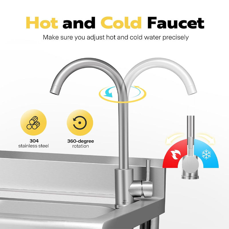 Avtoit | Stainless Steel Sink With Hot And Cold Water Faucet, Freestanding Commercial Kitchen Single Bowl Sink