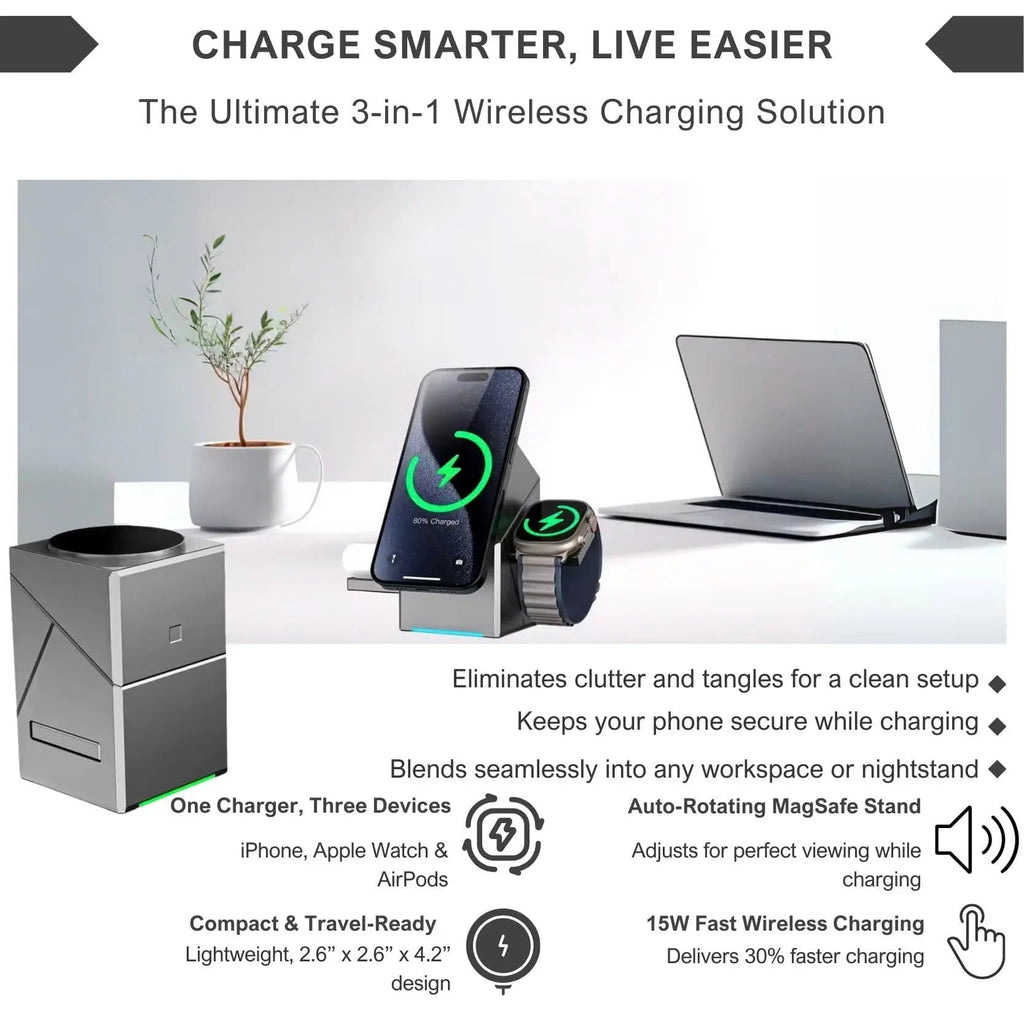 Avtoit | CubeCharge 3-in-1 Charging Station – Wireless Fast Charging for iPhone, Watch & AirPods