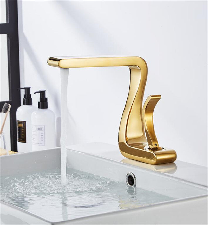 Avtoit | Polished Gold Bathroom Sink Faucets Single Handle Luxury Brass White Modern One Hole