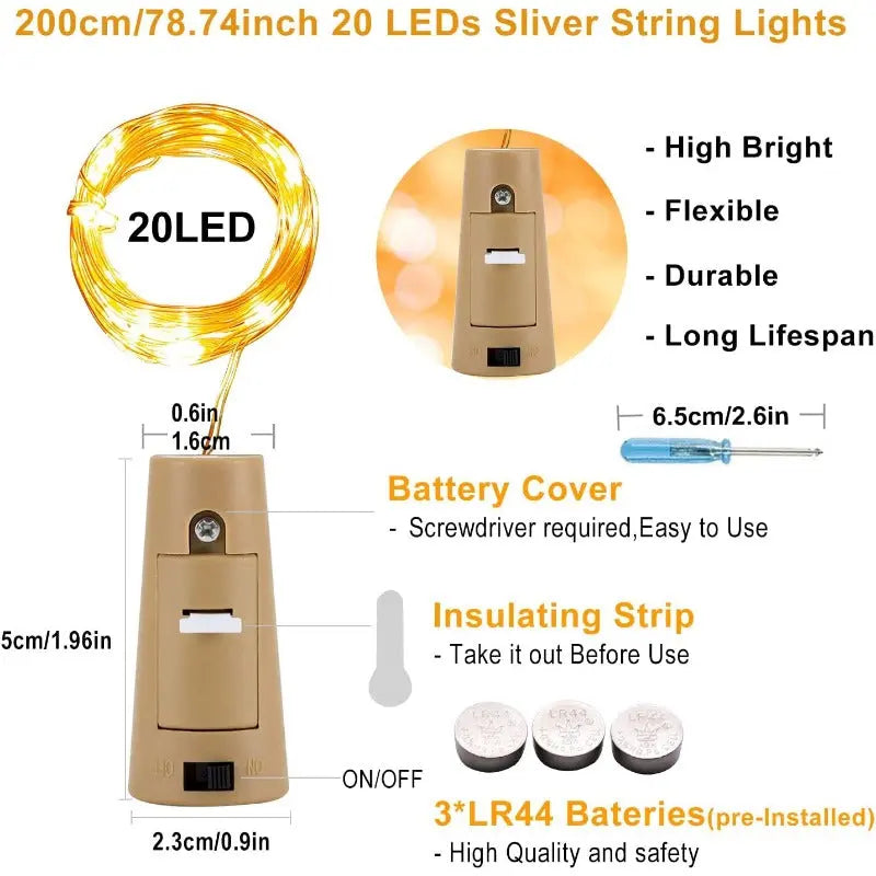 Avtoit | DIY Bottle Light with Cork – 20 LED Light Chain for Bottles in Warm White