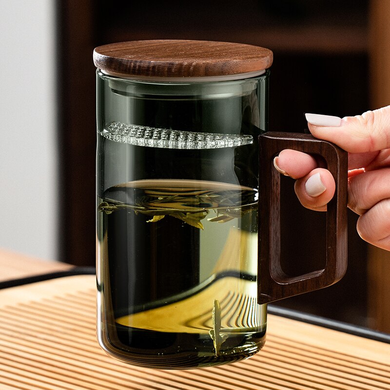 Avtoit | GIANXI Tea cup with moon filter Japanese wooden handle heat-resistant glass cups tea leaf separation tea cup set