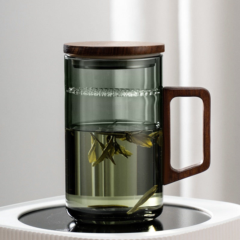 Avtoit | GIANXI Tea cup with moon filter Japanese wooden handle heat-resistant glass cups tea leaf separation tea cup set