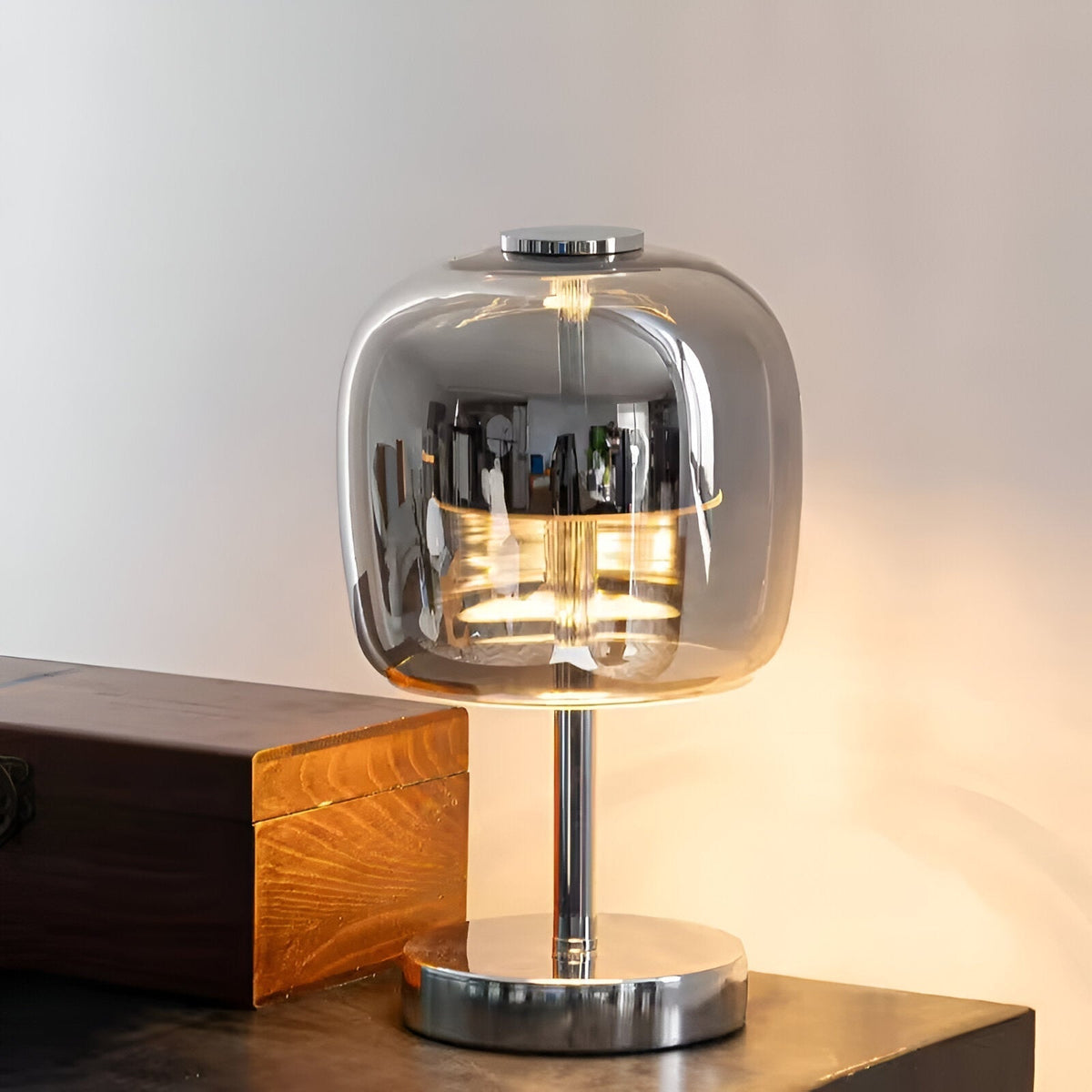Avtoit | Gleam Glass Table Lamp – Smoky Grey USB-Powered Dimmable LED Light for Bedroom & Desk