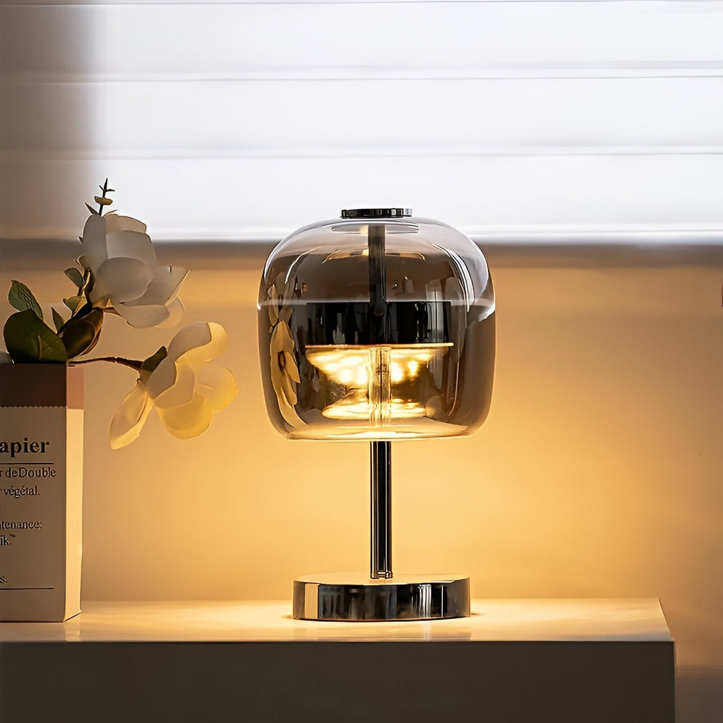 Avtoit | Gleam Glass Table Lamp – Smoky Grey USB-Powered Dimmable LED Light for Bedroom & Desk