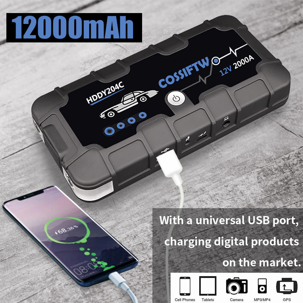 Avtoit | 2000A UltraSafe 12V Car Jump Starter – Portable Battery Booster Pack with USB Charger & LED Flashlight – Up to 6.0L Petrol / 3.0L Diesel Engines